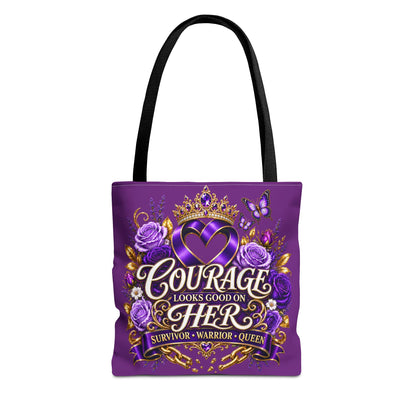 Purple "Courage Looks Good on Her" Survivor Tote Bag — Breast Cancer Awareness, Warrior Queen Gift