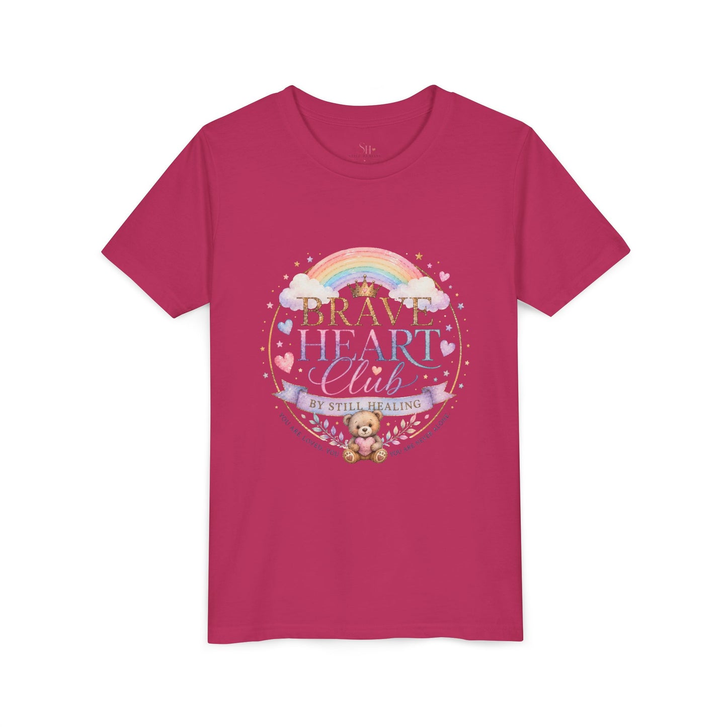 Brave Heart Club Youth Tee — Pastel Rainbow & Teddy Kids Shirt (“Brave Heart Club” Design)