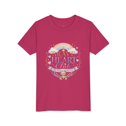 Brave Heart Club Youth Tee — Pastel Rainbow & Teddy Kids Shirt (“Brave Heart Club” Design)