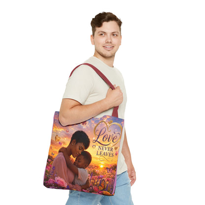 Love Never Leaves Tote Bag — Mother & Child Floral Sunset AOP Tote