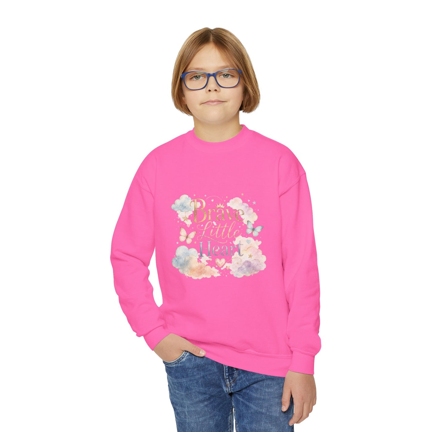 Youth Sweatshirt — "Brave Little Heart" Watercolor Butterfly Crewneck