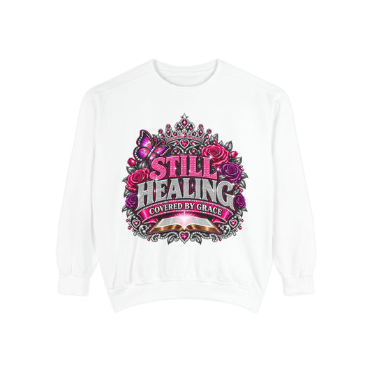 Still Healing Sweatshirt — 'Covered by Grace' Sparkle Graphic Crewneck