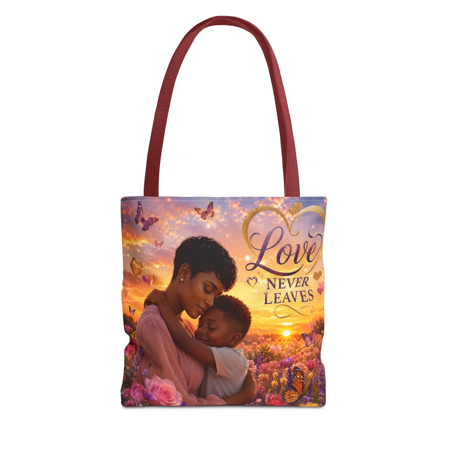 Love Never Leaves Tote Bag — Mother & Child Floral Sunset AOP Tote