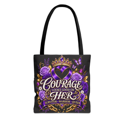 Courage Looks Good on Her Tote Bag — Purple Survivor Warrior Queen Tote