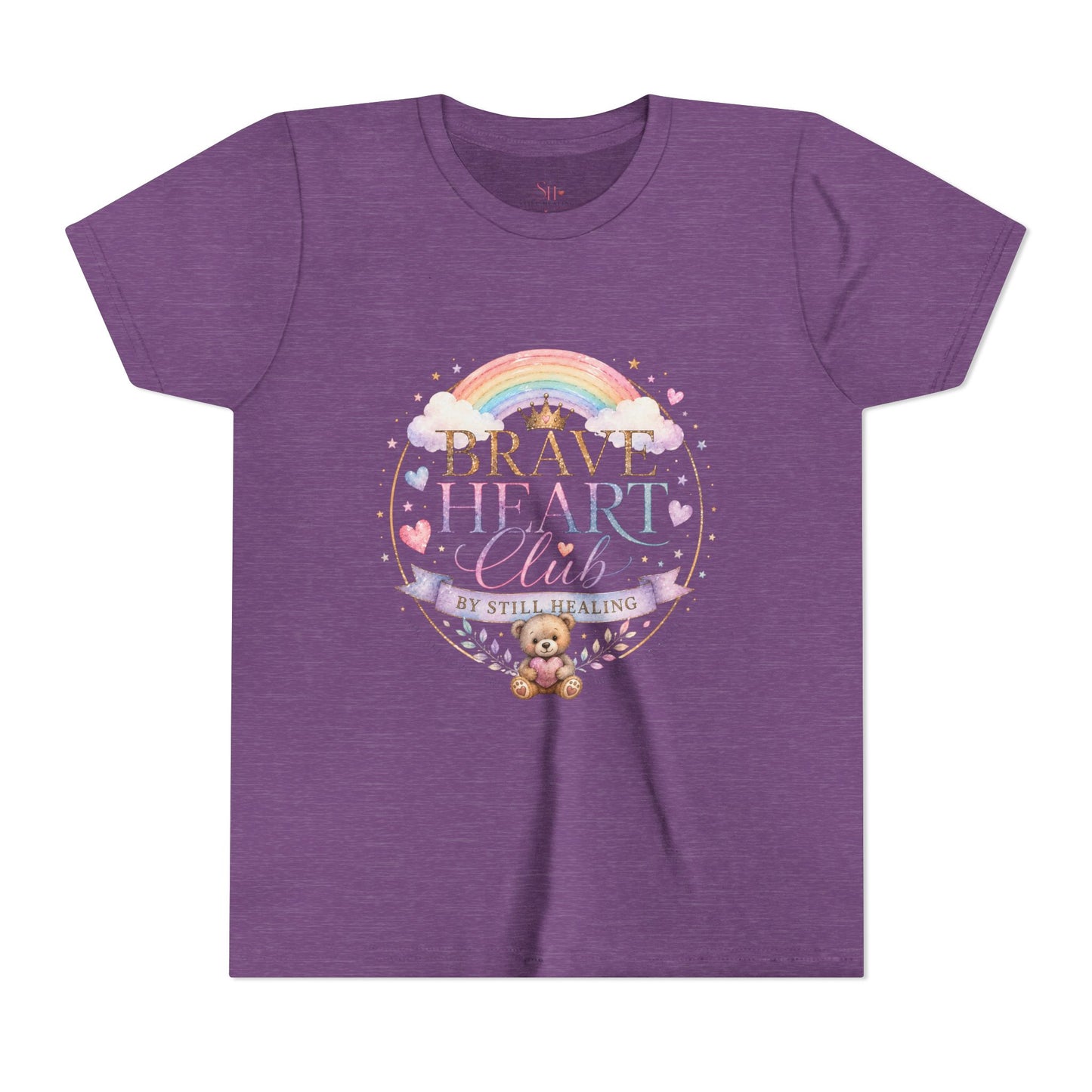 Brave Heart Club Youth Tee — Pastel Rainbow & Teddy Kids Shirt (“Brave Heart Club” Design)