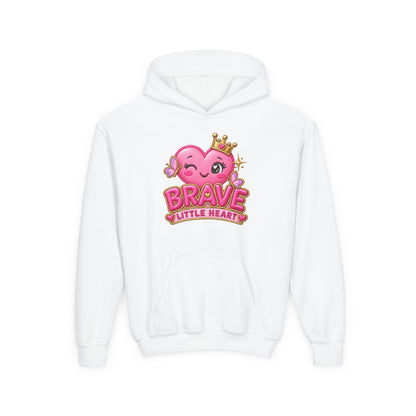 Youth Hoodie — "Brave Little Heart" Pink Heart Crown Kids Pullover