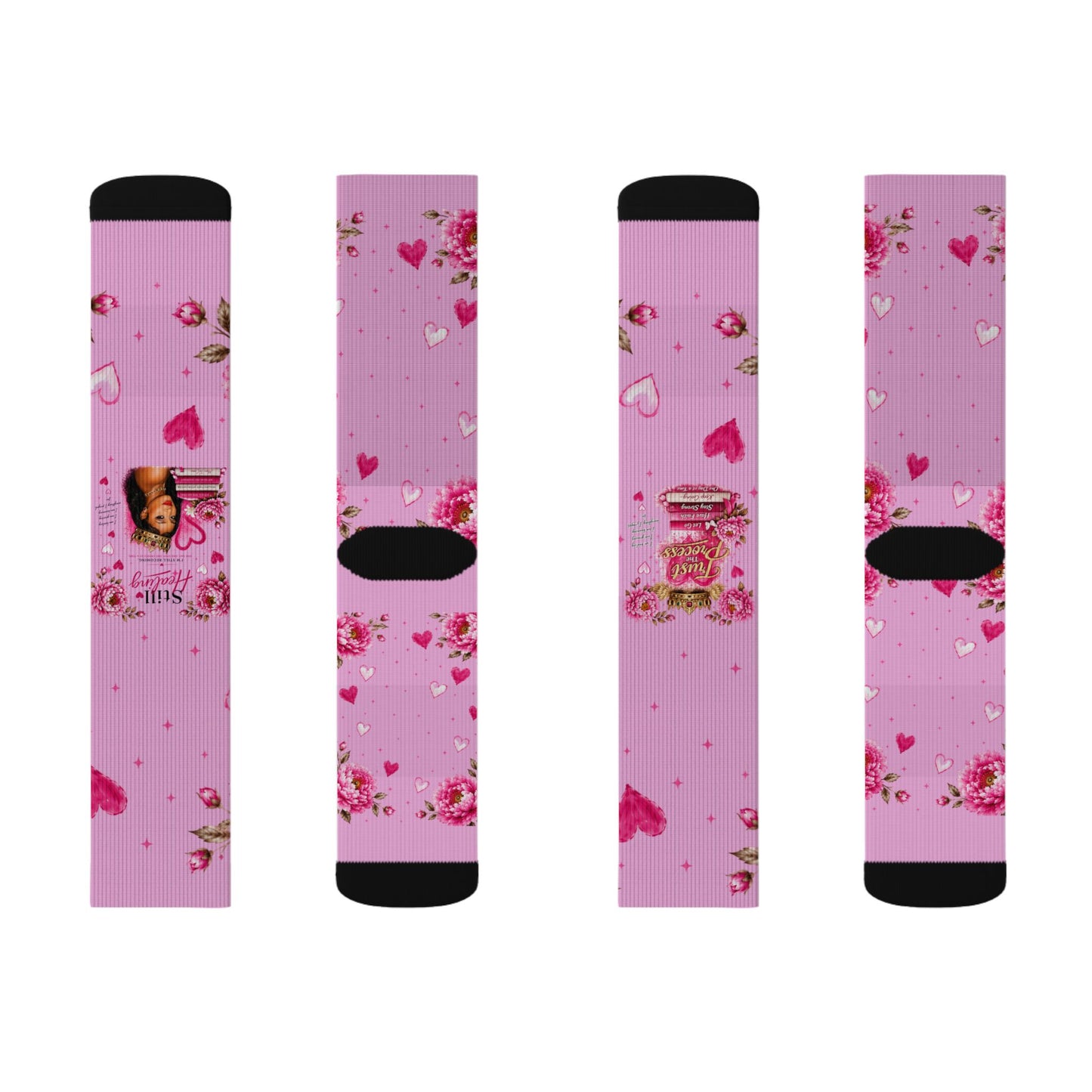 Pink Floral Heart Sublimation Socks — Romantic Valentine's Day Crew Socks