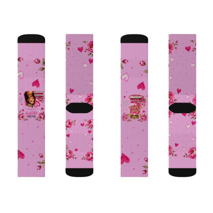 Pink Floral Heart Sublimation Socks — Romantic Valentine's Day Crew Socks