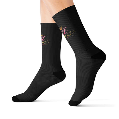 Black Sublimation Socks with Pink Floral “Still Healing” Script — Comfort Crew Socks for Self-Care & Gifts