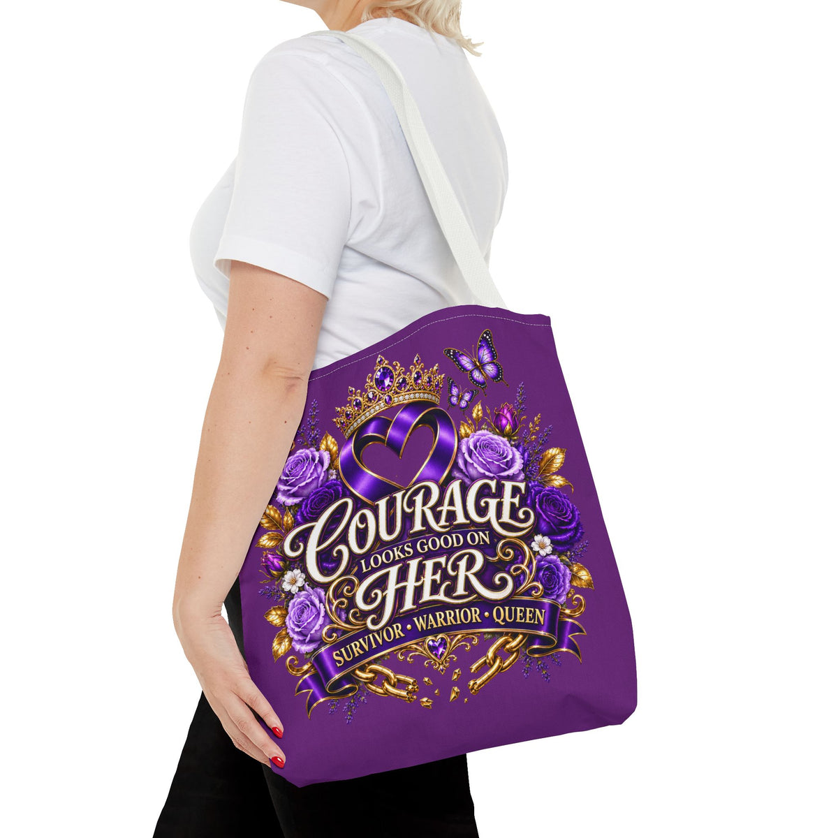 Purple "Courage Looks Good on Her" Survivor Tote Bag — Breast Cancer Awareness, Warrior Queen Gift