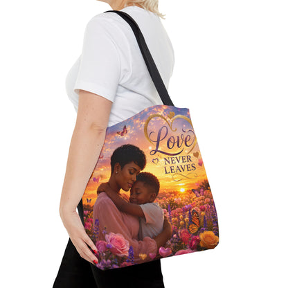 Love Never Leaves Tote Bag — Mother & Child Floral Sunset AOP Tote