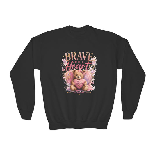 Youth Crewneck Sweatshirt — "Brave Little Heart" Teddy Bear Graphic