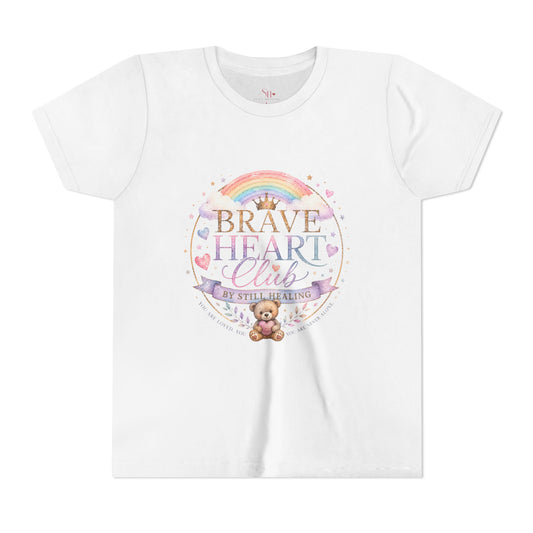 Brave Heart Club Youth Tee — Pastel Rainbow & Teddy Kids Shirt (“Brave Heart Club” Design)