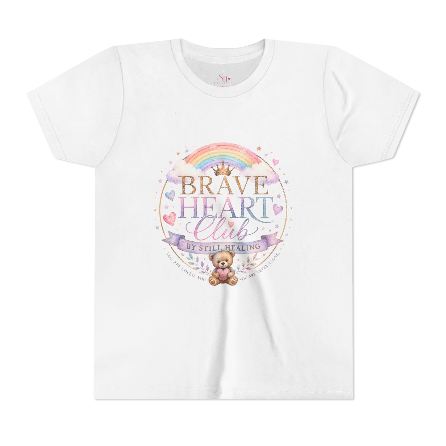 Brave Heart Club Youth Tee — Pastel Rainbow & Teddy Kids Shirt (“Brave Heart Club” Design)
