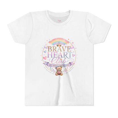 Brave Heart Club Youth Tee — Pastel Rainbow & Teddy Kids Shirt (“Brave Heart Club” Design)