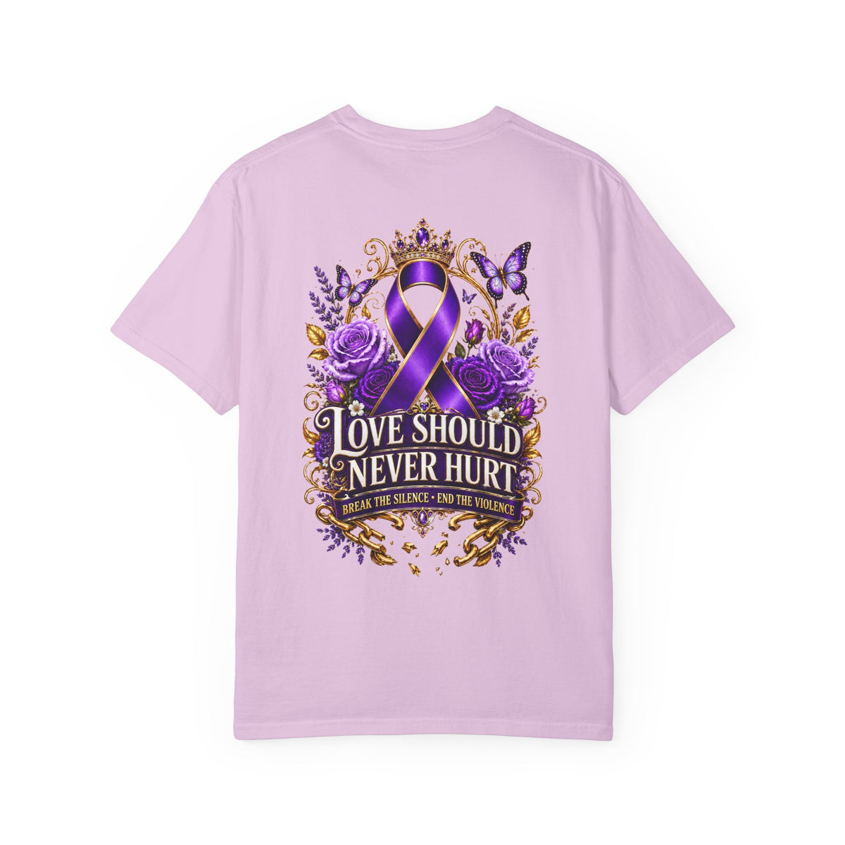 Survivor Awareness T-Shirt — "She Survived, She Rose" & "Love Should Never Hurt" Purple Ribbon Design