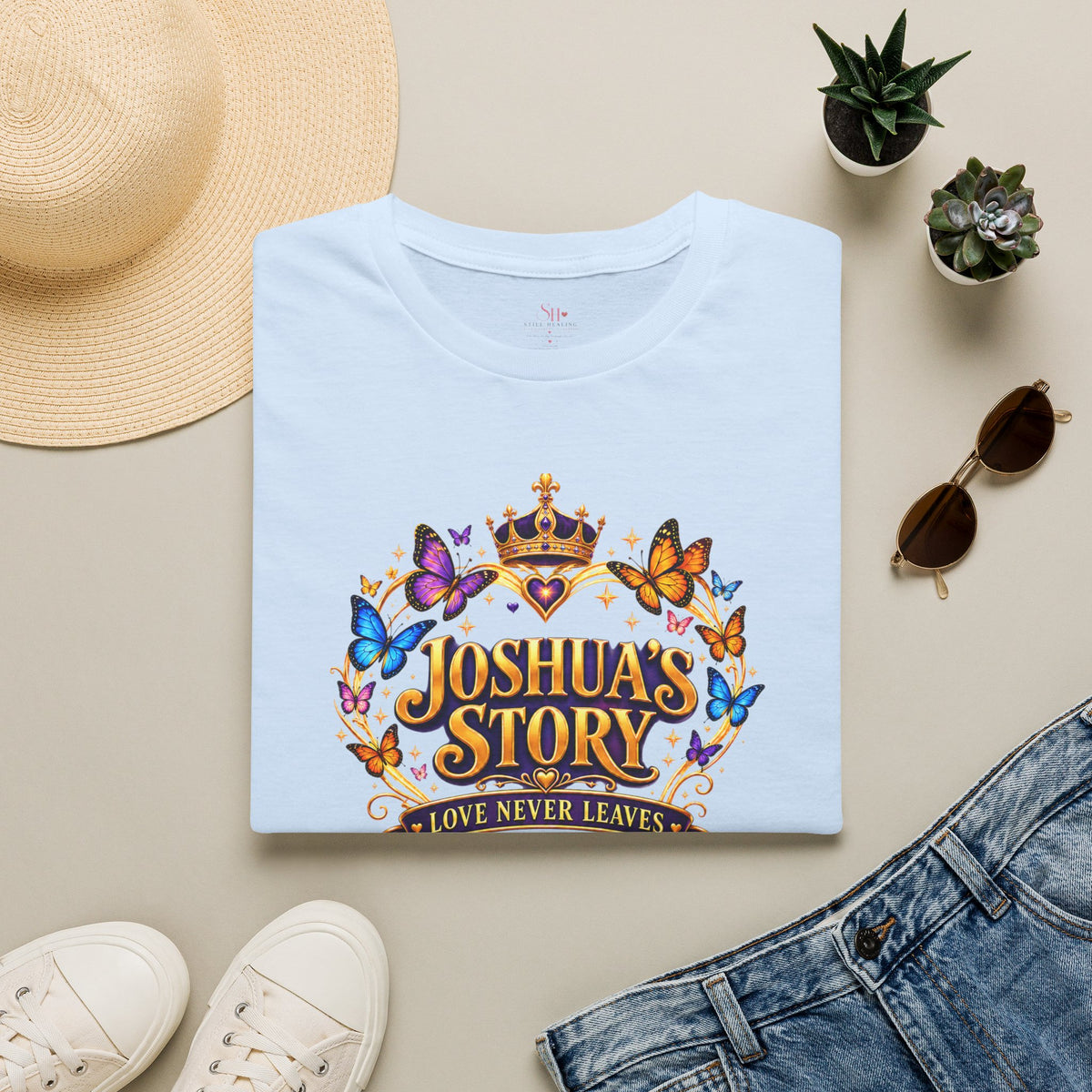 Joshua's Story T‑Shirt — "Love Never Leaves" Inspirational Butterfly Tee