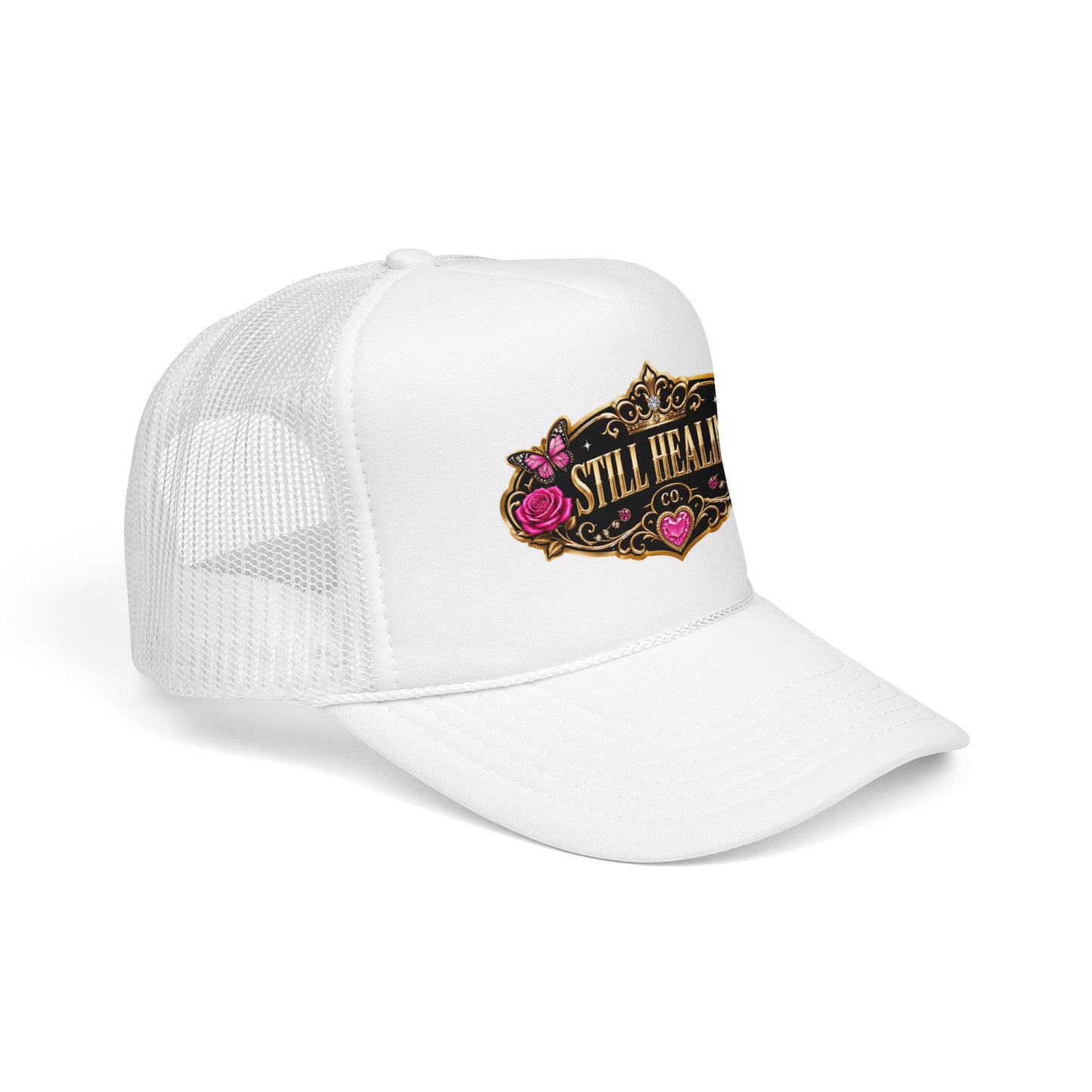 Still Healing Trucker Hat — Floral Vintage Patch Foam Cap