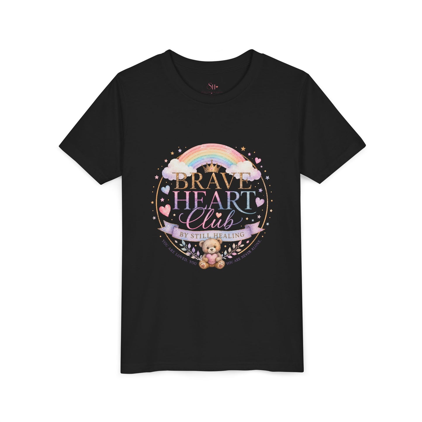 Brave Heart Club Youth Tee — Pastel Rainbow & Teddy Kids Shirt (“Brave Heart Club” Design)