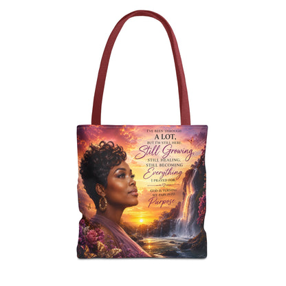 Inspirational 'Still Growing' Tote Bag — Empowering Women's Portrait Beach Sunset Design