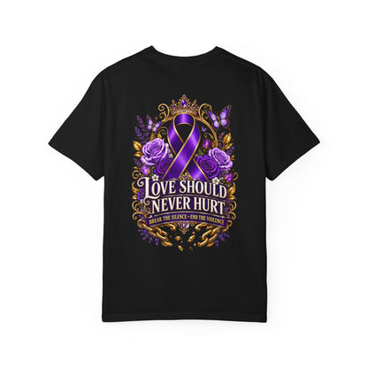 Survivor Awareness T-Shirt — "She Survived, She Rose" & "Love Should Never Hurt" Purple Ribbon Design
