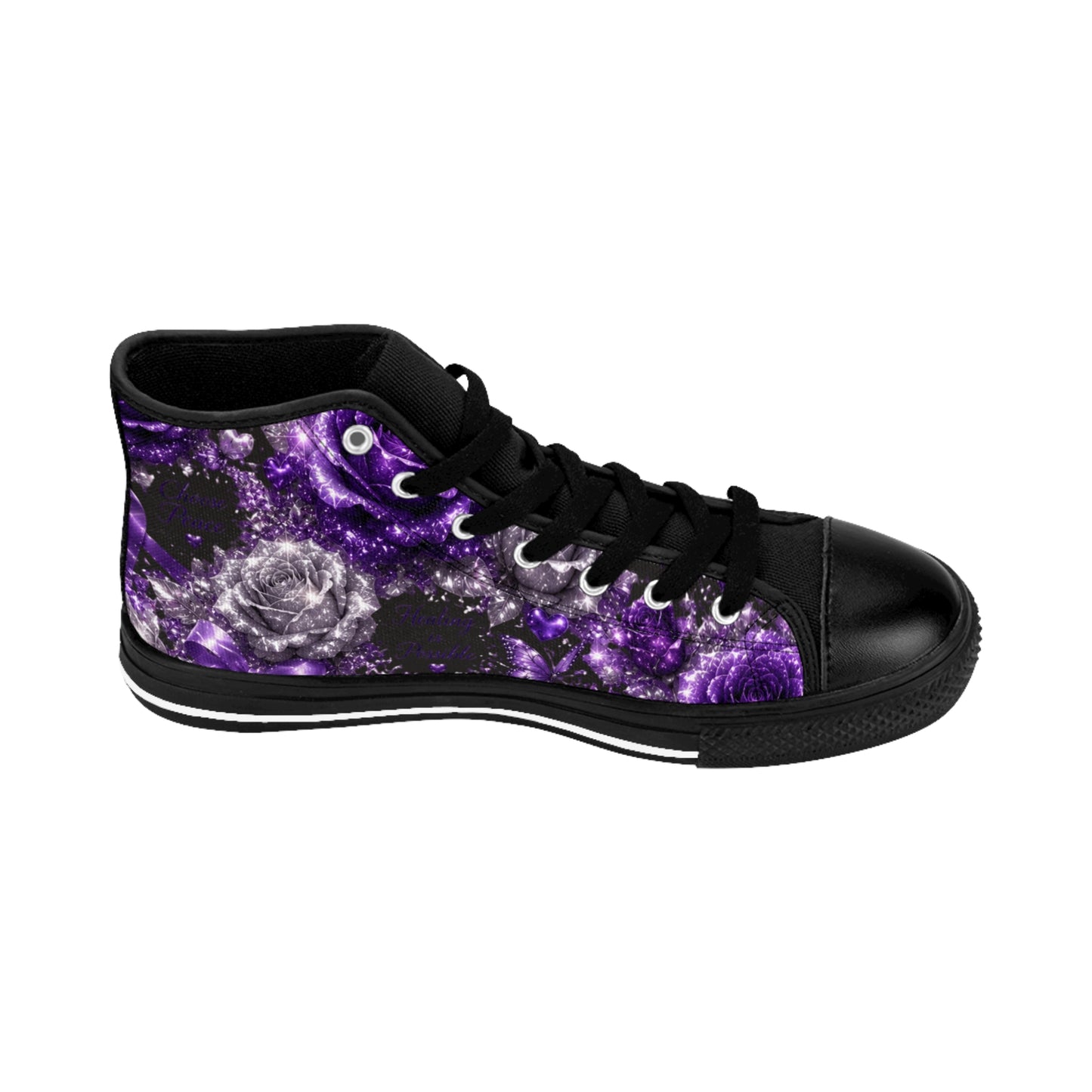 Still Healing Purple Rose High-Top Sneakers — Women's Floral Awareness Shoes