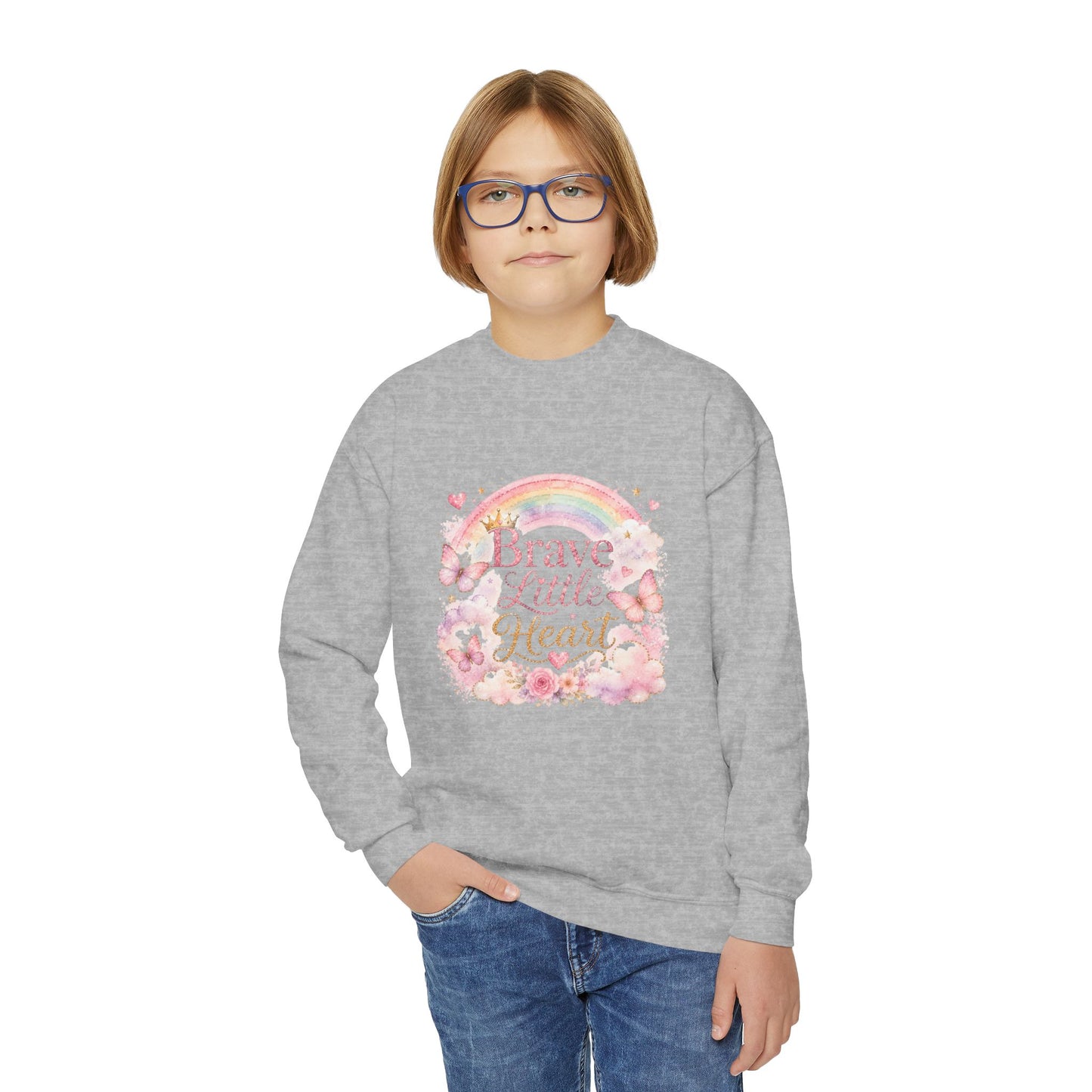 Youth Sweatshirt – "Brave Little Heart" Rainbow Floral Crewneck