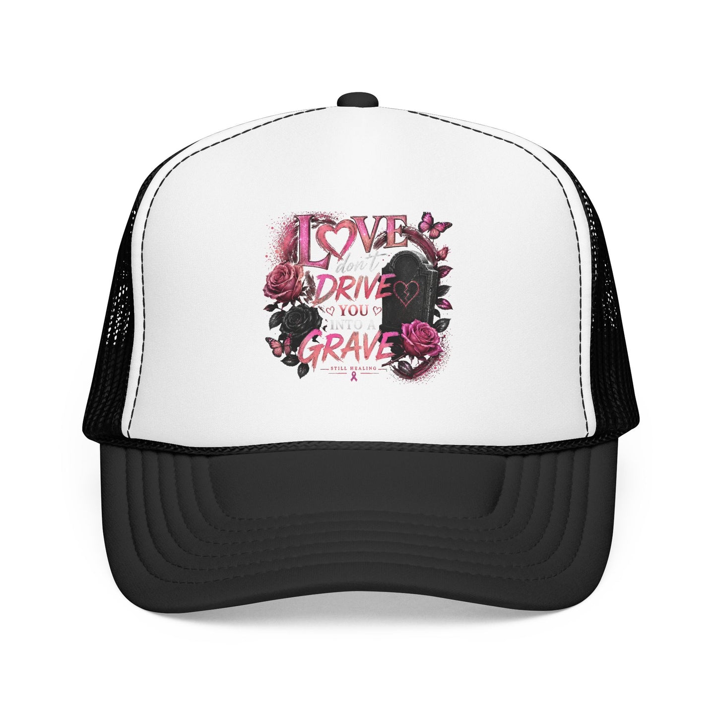 Trucker Hat — "I Love You Don't Drive Me to a Grave" Pink Gothic Heart Design