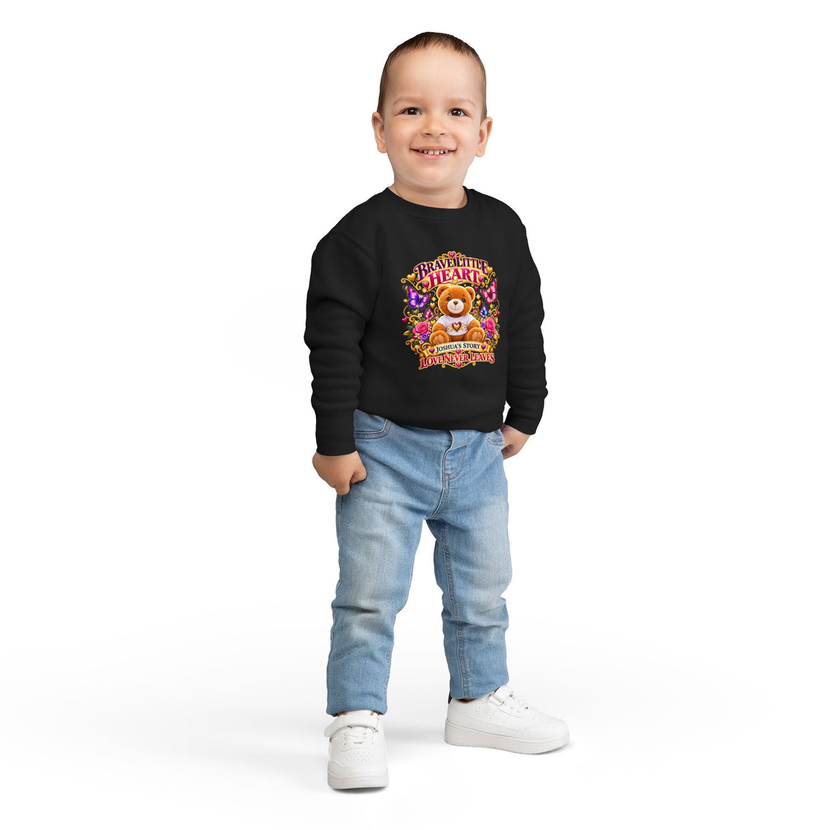 Brave Little Heart Toddler Sweatshirt – Personalized Bear & Butterflies “Love Never Leaves”