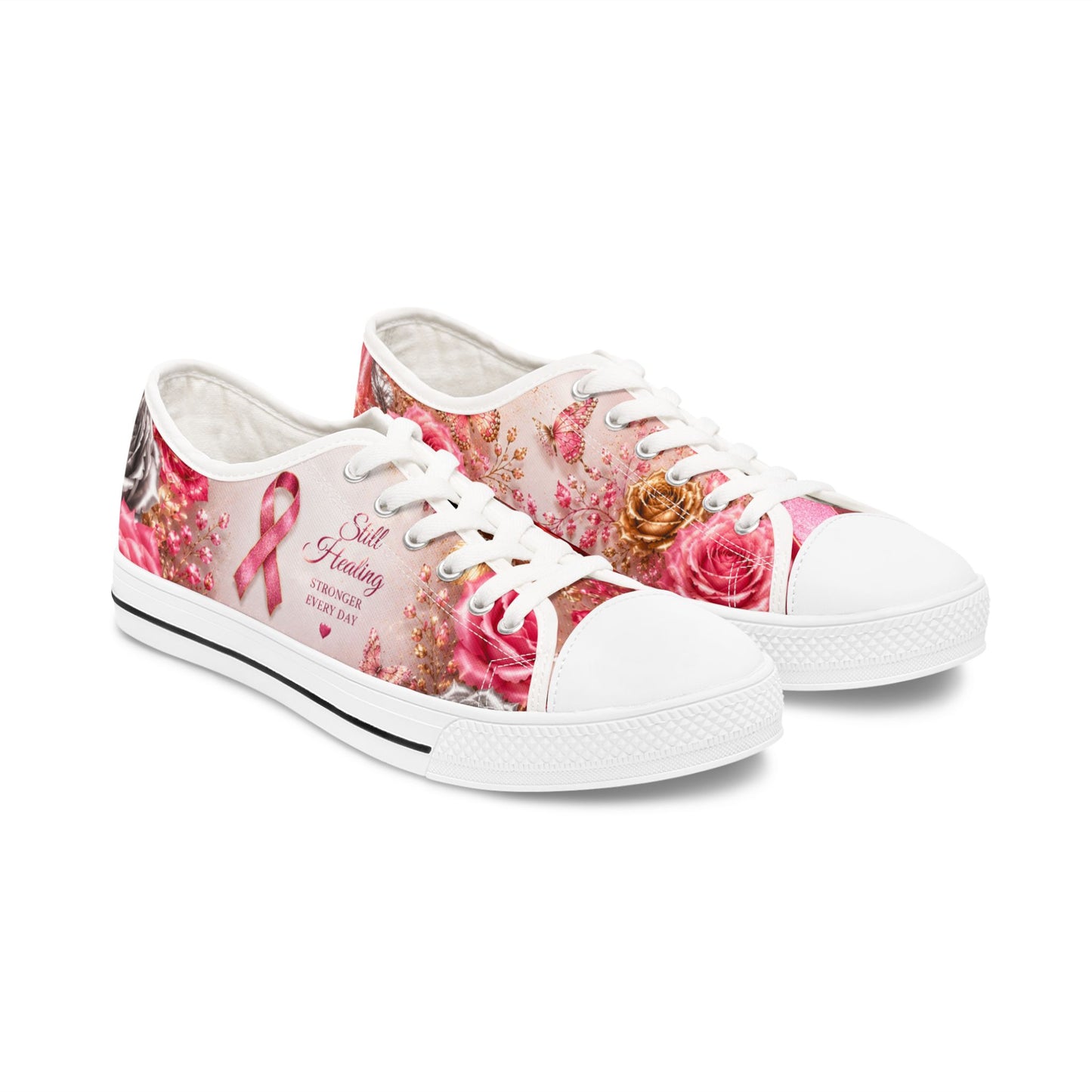 Breast Cancer Awareness Floral Low Top Sneakers — Pink Ribbon Tribute