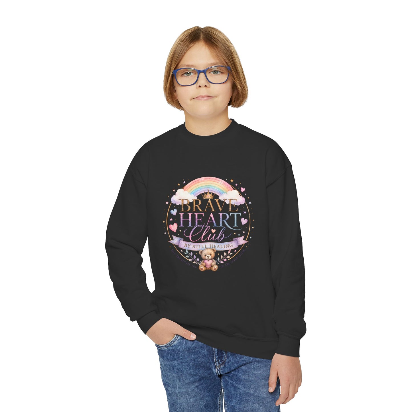 Brave Heart Club Youth Crewneck Sweatshirt — Rainbow Teddy Cancer Awareness