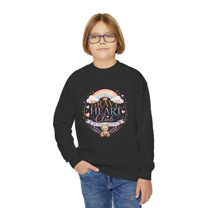 Brave Heart Club Youth Crewneck Sweatshirt — Rainbow Teddy Cancer Awareness