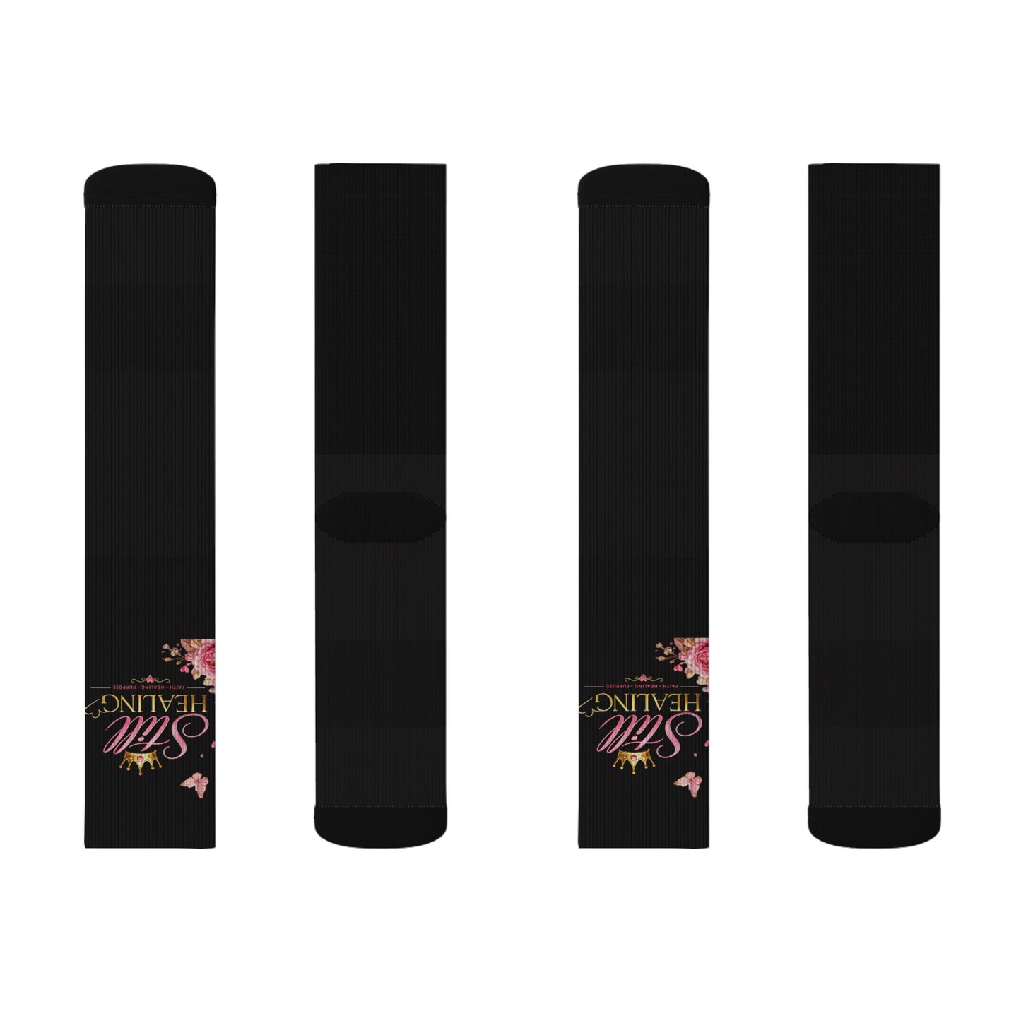 Black Sublimation Socks with Pink Floral “Still Healing” Script — Comfort Crew Socks for Self-Care & Gifts