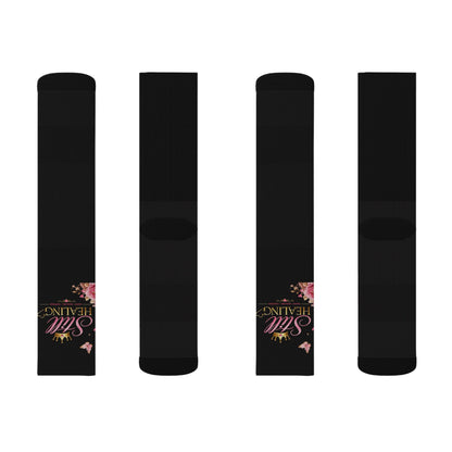 Black Sublimation Socks with Pink Floral “Still Healing” Script — Comfort Crew Socks for Self-Care & Gifts