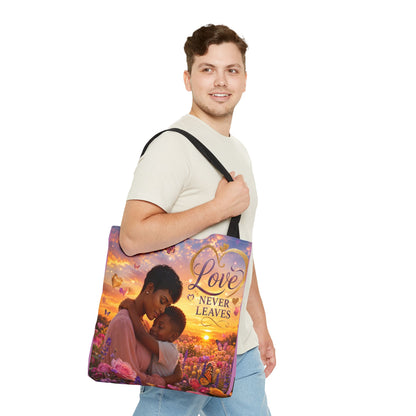 Love Never Leaves Tote Bag — Mother & Child Floral Sunset AOP Tote