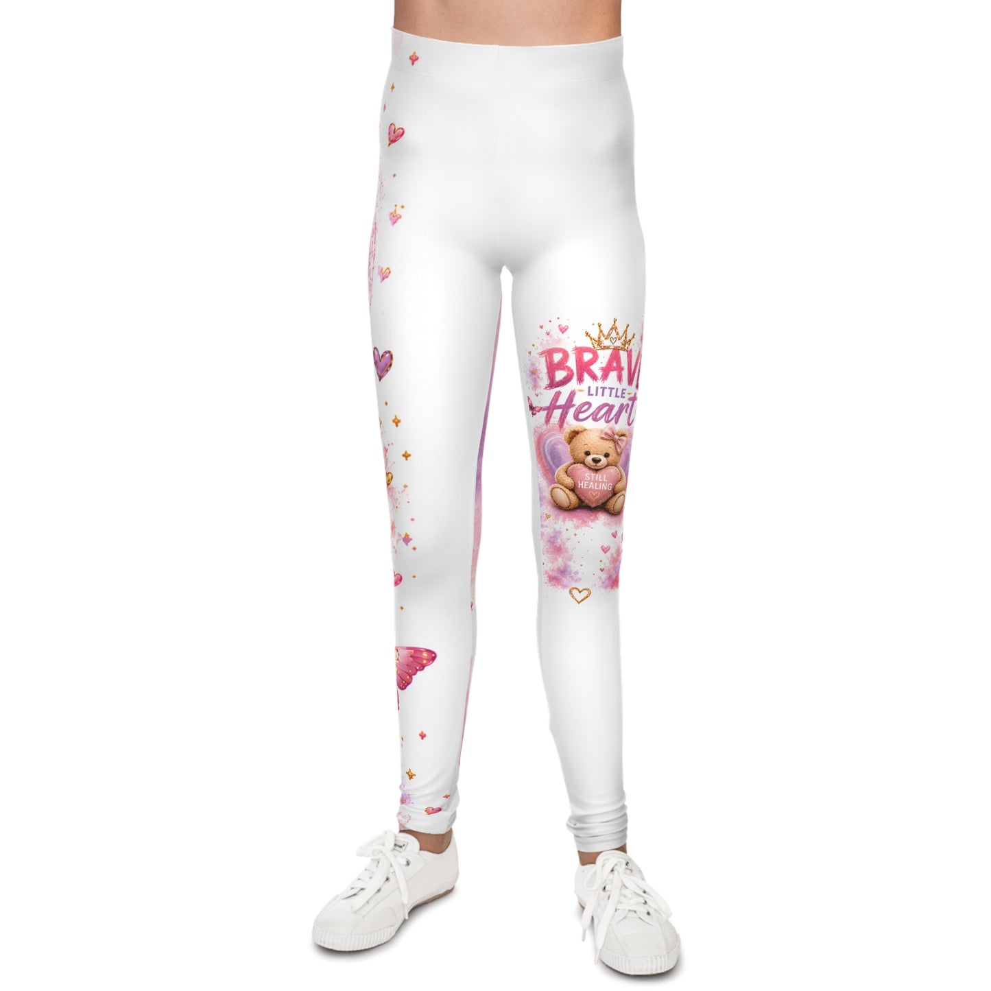 Youth Leggings - 'Brave Heart' Pink Teddy & Butterfly All-Over Print