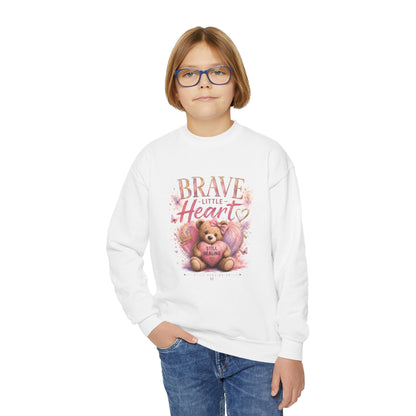 Youth Crewneck Sweatshirt — "Brave Little Heart" Teddy Bear Graphic