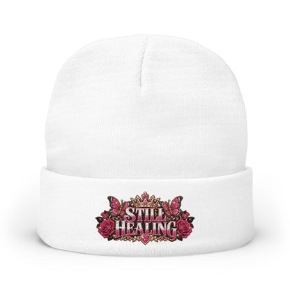 Embroidered 'Still Healing' Floral Crown Knit Beanie