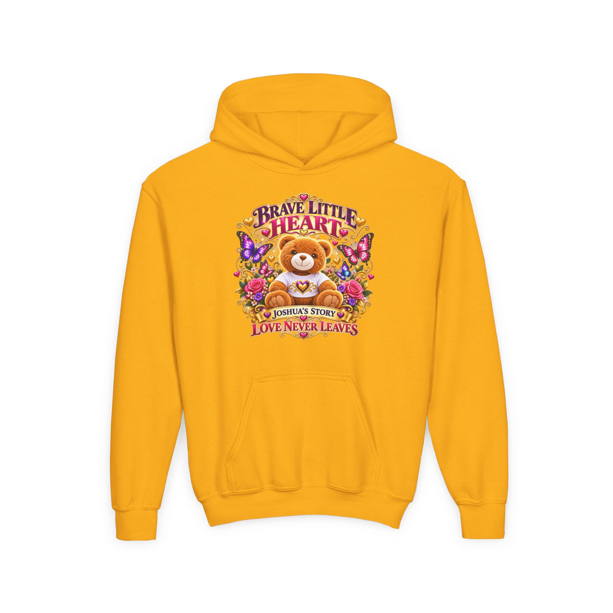 Brave Little Heart Youth Hoodie – Personalized Teddy Bear 'Love Never Leaves' Kids Sweatshirt